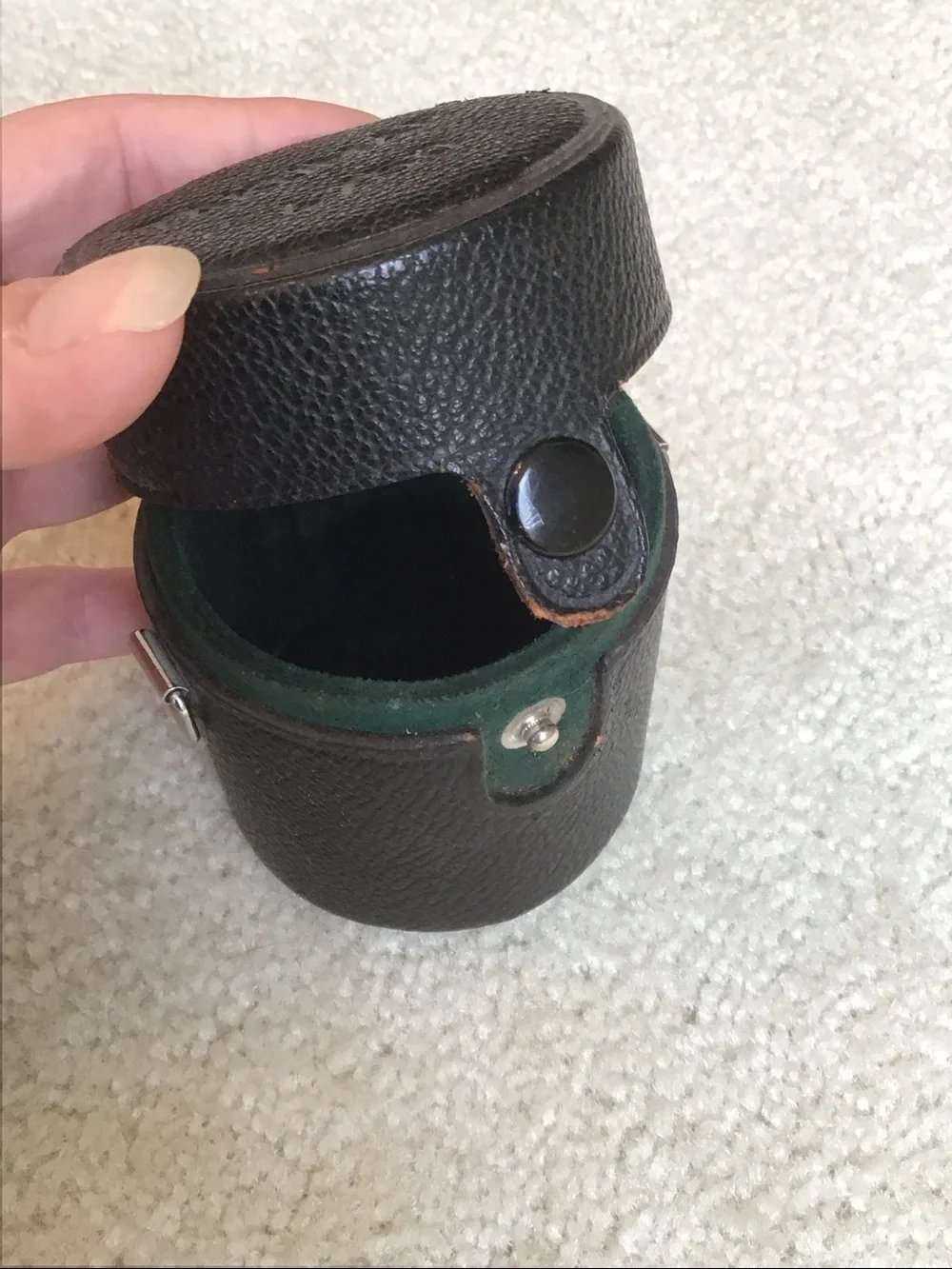 Vintage Takumar Black Textured Leather Lens Case, 3 1/2” tall x 2 3/4” wide